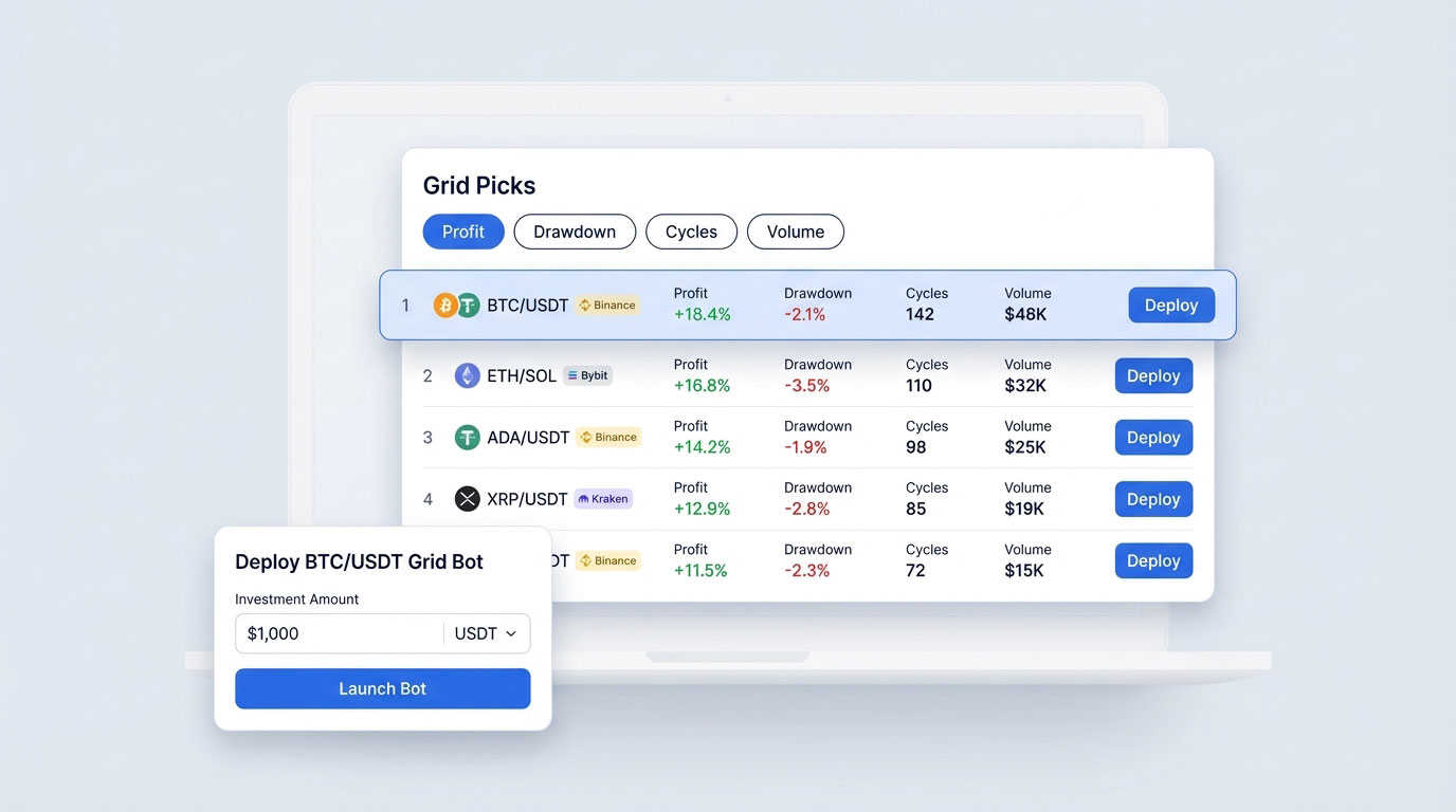 Grid Picks showing top-performing grid bot configurations ranked by profit