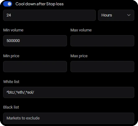 Налаштування фільтрів Сигнального бота з паузою після Stop Loss, мінімальним і максимальним обсягом, мінімальною та максимальною ціною, білим і чорним списками