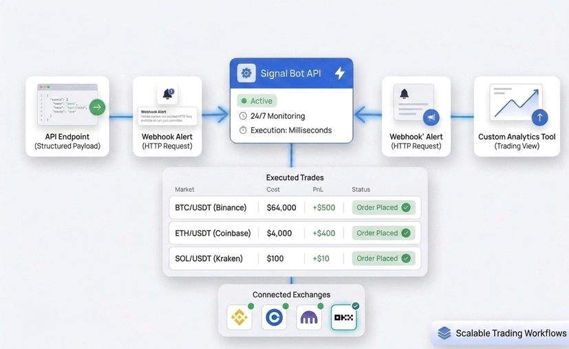 Signal Bot API automation diagram showing API endpoints, webhook alerts, and analytics tools feeding executed trades to Binance, Coinbase, Kraken, and OKX
