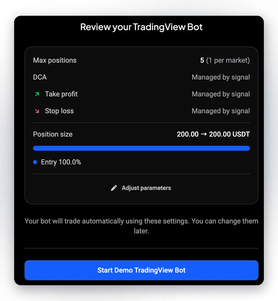 Review your TradingView Bot screen with DCA, take profit and stop loss managed by signal, position size and the Start Demo TradingView Bot button